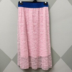 LuLaRoe Pink Lace Midi Skirt with Blue Waistband